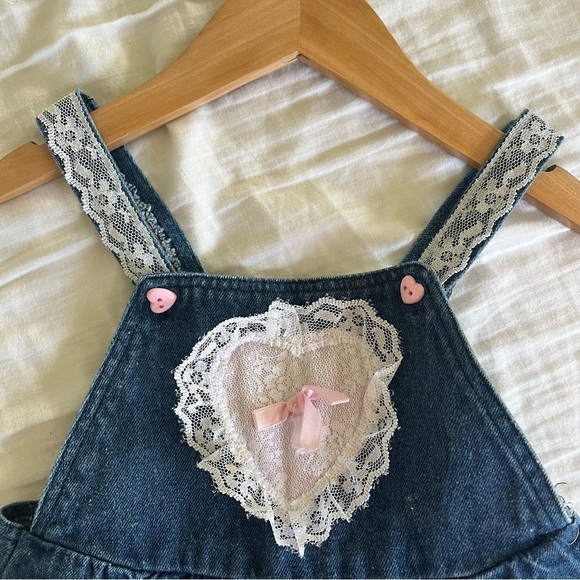Hopscotch Vintage Denim Overalls 24 months lace hearts - Picture 6 of 7